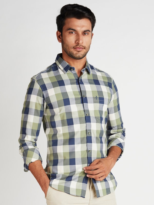 Green Blue Checked Textured Cotton Shirt
